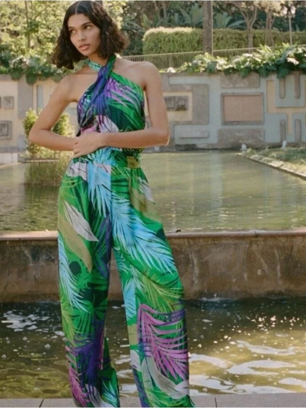 Zara NWT Tropical Halter Jumpsuit in Green Multi Print